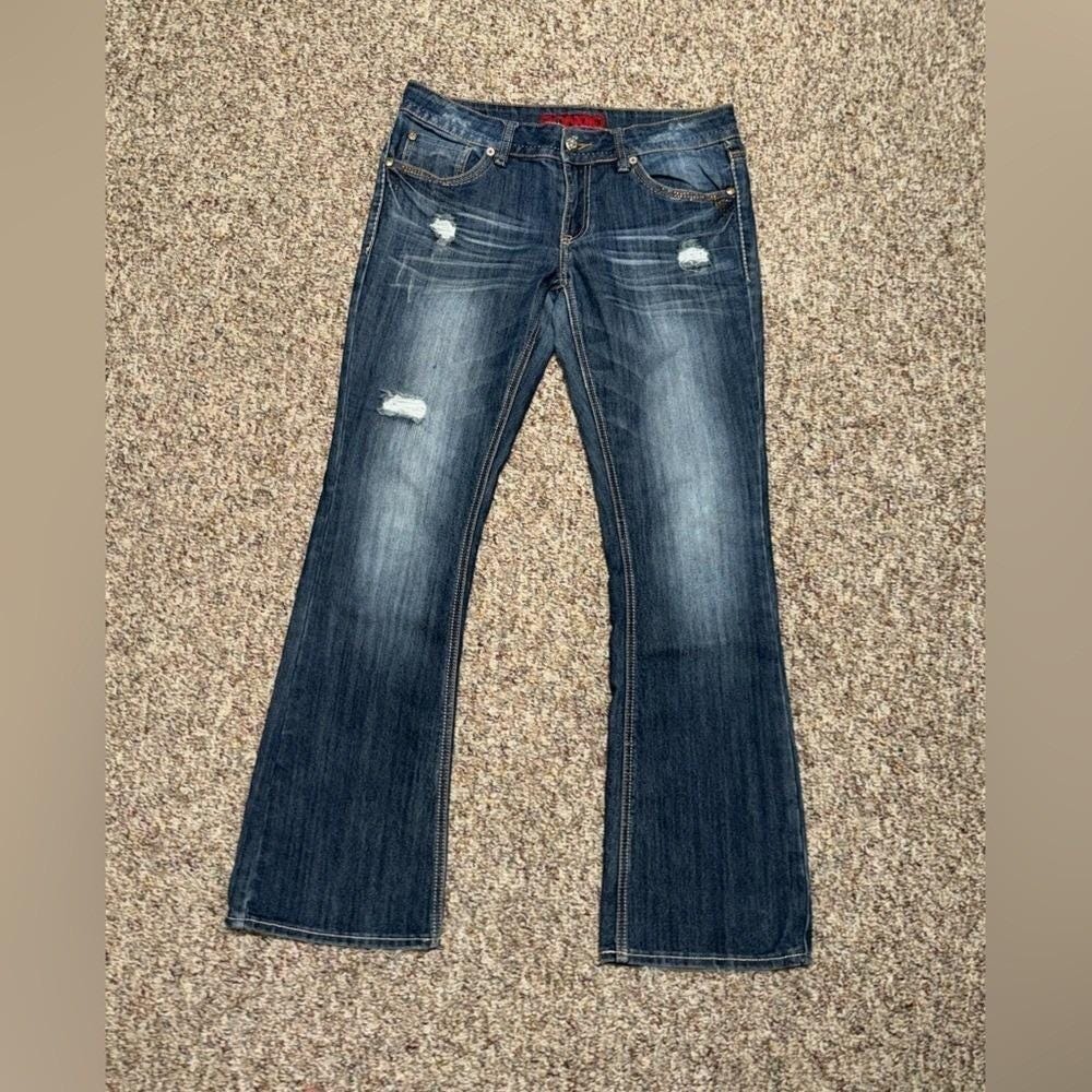 Vintage Women's juniors size 13 BONGO Dark Blue flare Jeans distressed Y2K